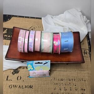 NWT Lot 8 Spools Ribbon Set - Pink, Blue, Green Buttons Girl Talk Wired Flowers